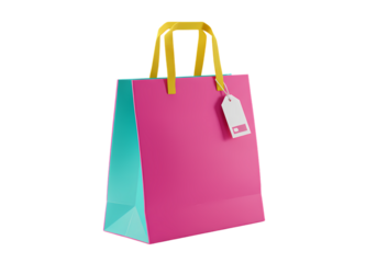 Vibrant Pink and Teal Shopping Bag with Yellow Handles isolated on transparent background