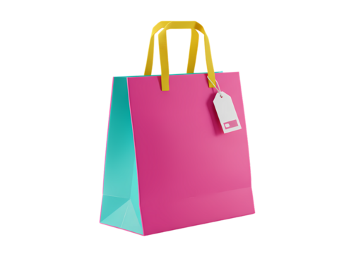 Vibrant Pink and Teal Shopping Bag with Yellow Handles isolated on transparent background