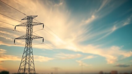 High voltage transmission tower against dramatic sky, energy infrastructure with strong lines.