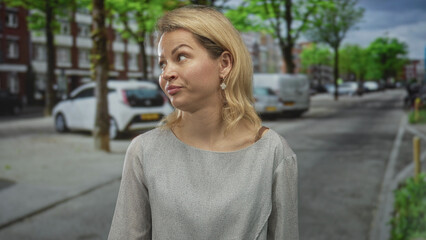 Blonde woman turns head and glances sideways revealing bare shoulder and face on city street; contemplative introspection.