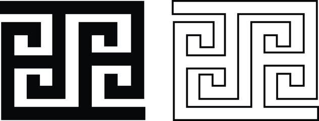 Greek key border icon set in flat and outline styles. Ancient meander pattern symbol, geometric frame design elements, seamless ornamental art decoration and classic greek design vectors illustration.