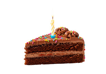 Chocolate Cake Slice with Candle and Sprinkles Festive Birthday Dessert Photography isolated on transparent background