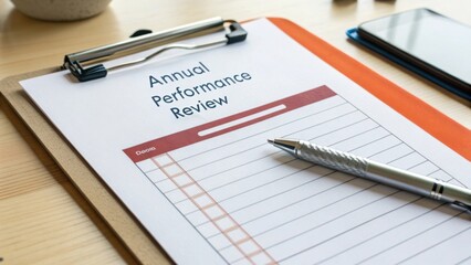 Naklejka premium Annual Performance Review Document with Pen on Clipboard and Smartphone on Wooden Desk Surface