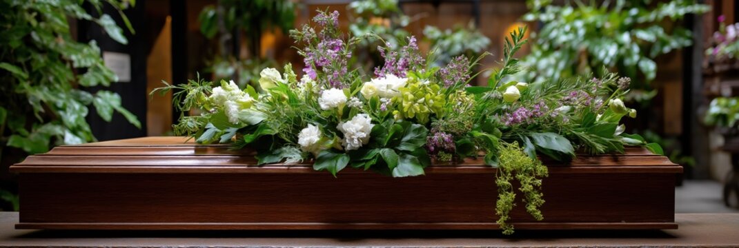Wooden coffin adorned with floral arrangement in peaceful garden setting