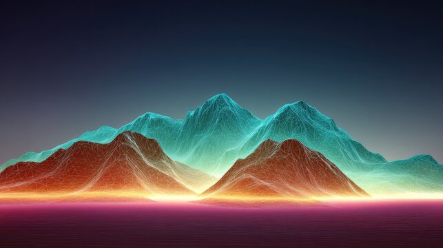 Vibrant Abstract Landscape with Stylized Mountains and Colorful Lines Depicting Depths and Textures Against a Gradient Background at Dusk or Dawn