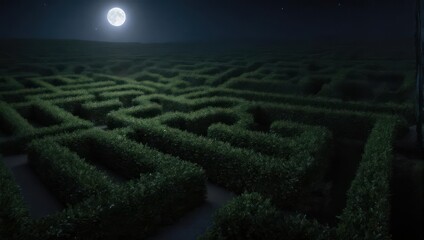 A moonlit night reveals a sprawling hedge maze, inviting exploration under a tranquil sky
