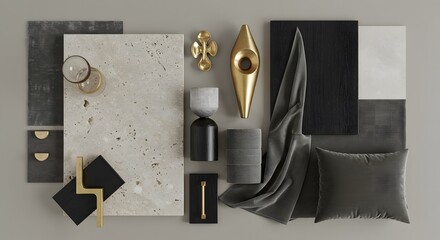 Elegant home decor arrangement with textures and metallics on a neutral background