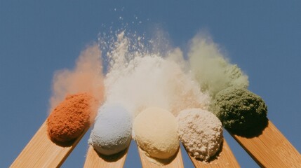Artistic Colorful Powder Display: Various Pigments On Wooden Spoons With Vibrant Orange, Blue, Yellow, White, Green Powders Floating Against Clear Blue Sky, Ideal For Wallpaper Or Poster