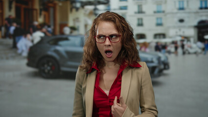 Woman in glasses and blazer stands in busy city street looking surprised with blurred crowd and car in background, capturing urban life