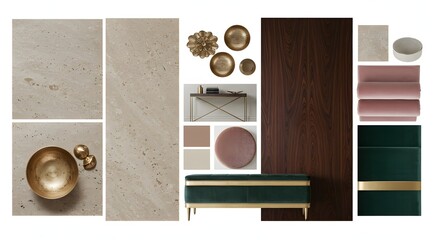 Interior design mood board featuring textures colors and furniture elements
