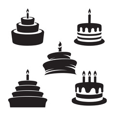 Birthday Cake Icons Set  Tiered Dripping and Swirl Cakes with Candles