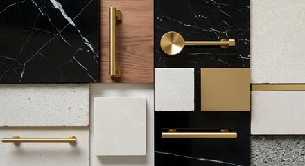 Elegant interior design elements marble wood metal and texture samples