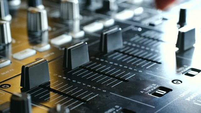 Hand is seen skillfully adjusting faders on audio mixer, highlighting the tactile interaction with sound equipment, capturing essence of music production. Close-up hand adjusting audio mixer faders.