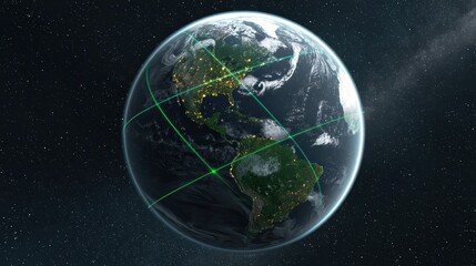 A stunning view of Earth from space, showcasing illuminated cities and a grid overlay against the backdrop of the cosmos.