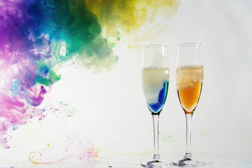 Toast to Color Champagne Glasses with Vibrant Ink Cloud Celebration Party on transparent background