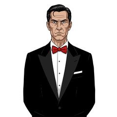 Formal Man in Tuxedo Illustration, Serious Expression, Red Bow Tie