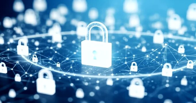 Digital network security concept with padlocks and connections in blue