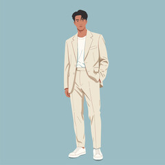 Stylish Young Man in Beige Suit and White T-shirt. Modern Flat Vector Fashion Illustration, Full Body Portrait.