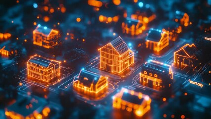 A futuristic glowing smart city digital model with illuminated orange and blue holographic houses, modern technology, innovation, architecture, artificial intelligence, advanced connected urban living - Powered by Adobe