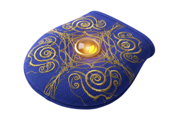 A detailed, rich-blue pouch, intricately embroidered with golden swirls and patterns, highlights a luminous golden gemstone in the center.