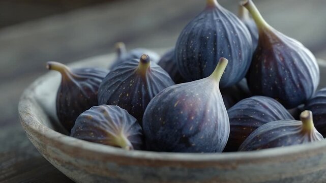 video clip A fresh and ripe bowl of figs placed on a rustic wooden table