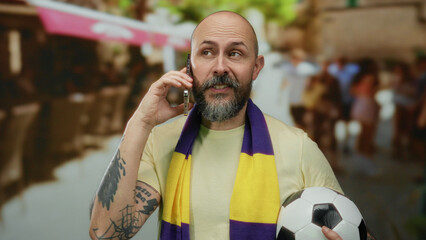 Handsome bald man with beard holding soccer ball and talking on phone outdoors in urban setting wearing yellow purple scarf showcasing sports passion and connectivity.