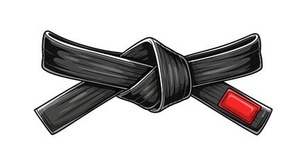 Detailed illustration of a black martial arts belt tied in a knot, featuring a red bar, symbolizing mastery and achievement in combat sports.