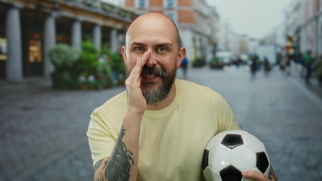 Man whispering secret outdoors holding soccer ball in urban street setting, showcasing bearded, bald, tattooed, and friendly expression with outdoor focus in city environment.