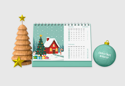 Christmas Calendar with Holiday Ornaments Mockup