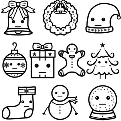 Cute christmast doodle character with flat expressions and  highlighted heart eyes, an outline black and white illustration set for stickers, emoji, and coloring books.  