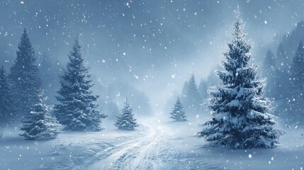 Naklejka premium Winter Christmas scenic snowy landscape with evergreen fir trees soft golden bokeh lights and falling snow clean copy space ideal holiday background for greeting cards web banners and social media