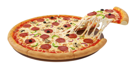 Delicious pepperoni pizza with olives and mushrooms, a slice being pulled revealing the melty cheese, perfect for a restaurant menu or food blog post