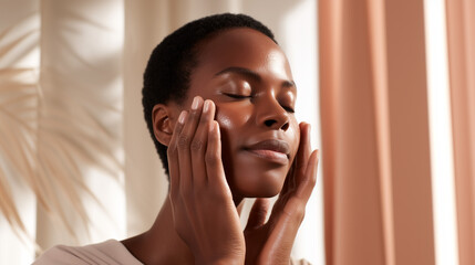 Woman applying facial massage for hydration and skincare at home. Black female touching face with hands doing self care routine. Natural beauty treatment for moisturizing, water balance restoration.