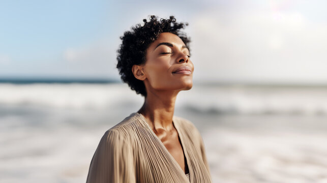 Serene woman breathing deeply with closed eyes on beach. Mental health wellness, meditation, inner peace and mindfulness concept. Relaxation, stress relief and spiritual balance in nature retreat.