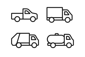 Set of simple truck icons: pickup, box, garbage, tanker