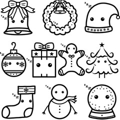 Cute christmast doodle character with sleepy expressions and  highlighted heart eyes, an outline black and white illustration set for stickers, emoji, and coloring books.  