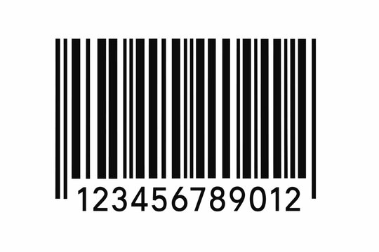 Black barcode on white background with numbers 123456789012 in bold modern design