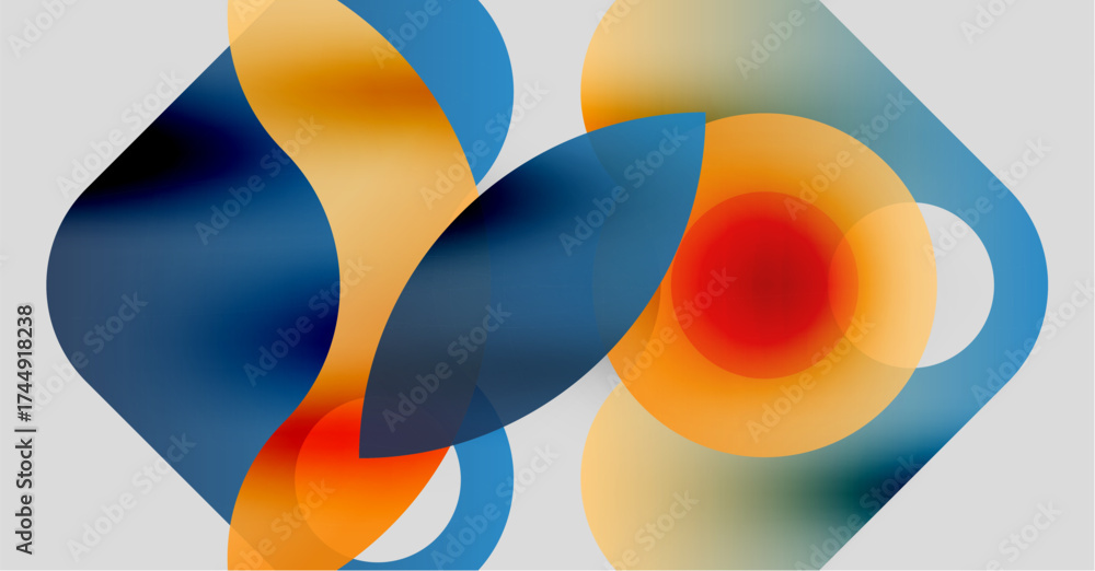 Wall mural abstract shapes overlap, creating vibrant color blends. orange, blue, red hues dominate composition.