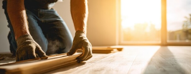 The skilled worker installing hardwood flooring in a sunlit interior space.