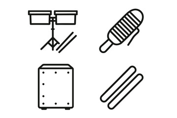 Obraz premium Line art musical instruments set: bongo, guiro, cajon, claves
