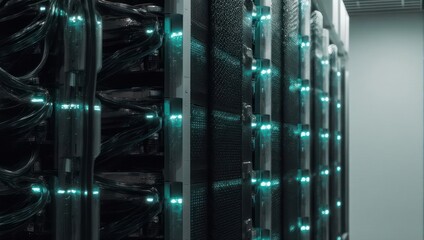 Close-up of server racks in a data center, with cables and glowing lights