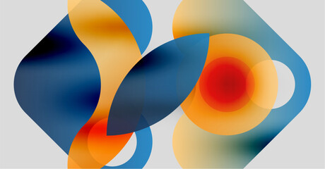 Naklejka na ściany i meble Abstract shapes overlap, creating vibrant color blends. Orange, blue, red hues dominate composition. Smooth gradients define forms. Minimalist design. Naklejka na ściany i meble Abstract shapes overlap, creating vibrant color blends. Orange, blue, red hues dominate composition. Smooth gradients define forms. Minimalist design.