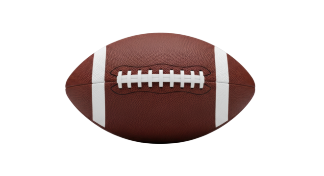 Isolated American football close-up, brown leather with white stripes and stitching detail