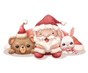 Watercolor cartoon illustration of Santa Claus nestled between a chibi bear wearing a Santa hat and a white bunny rabbit with a pink scarf . Hand drawn painting . Transparency background .