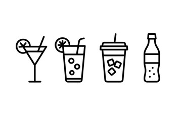 Variety of beverage icons: martini, lemonade, coffee, soda bottles in minimalist line art