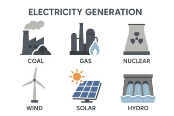 Fototapeta na wymiar Types of electricity generation: coal, gas, nuclear, wind, solar, hydro
