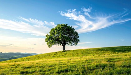 Fototapeta premium Vivid Green Tree on Grassy Hillside under Partly Cloudy Sky in Summer