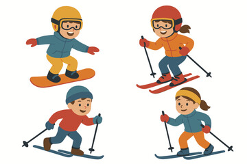 Obraz premium Kids enjoying winter sports: skiing and snowboarding fun for boys and girls