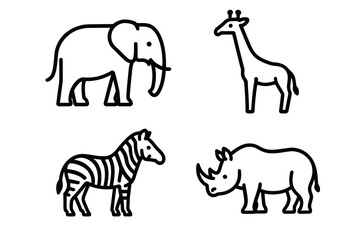 Fototapeta premium Line art illustrations of african safari animals: elephant, giraffe, zebra, rhino