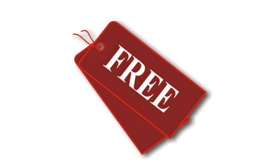 Red price tag label with FREE text, sale discount offer badge, shopping promotion sign, clearance marketing sticker, isolated vector on white background